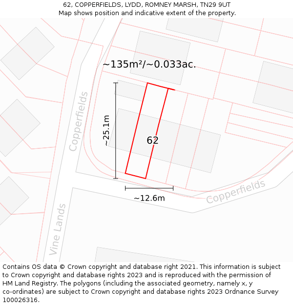 62, COPPERFIELDS, LYDD, ROMNEY MARSH, TN29 9UT: Plot and title map