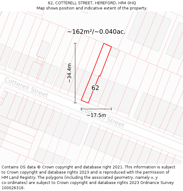 62, COTTERELL STREET, HEREFORD, HR4 0HQ: Plot and title map