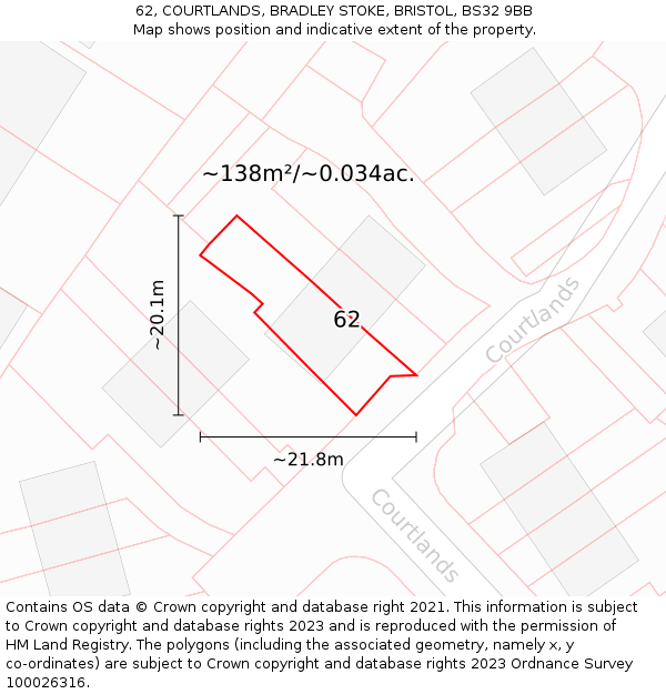 62, COURTLANDS, BRADLEY STOKE, BRISTOL, BS32 9BB: Plot and title map