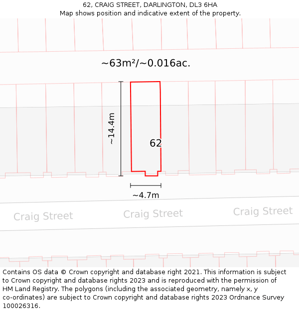 62, CRAIG STREET, DARLINGTON, DL3 6HA: Plot and title map