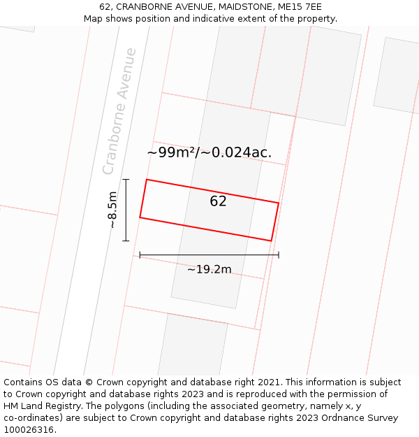 62, CRANBORNE AVENUE, MAIDSTONE, ME15 7EE: Plot and title map