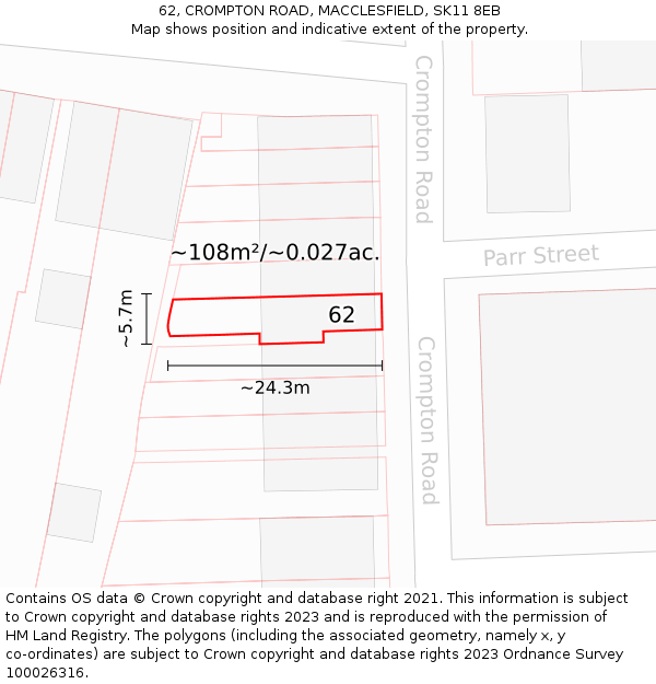 62, CROMPTON ROAD, MACCLESFIELD, SK11 8EB: Plot and title map
