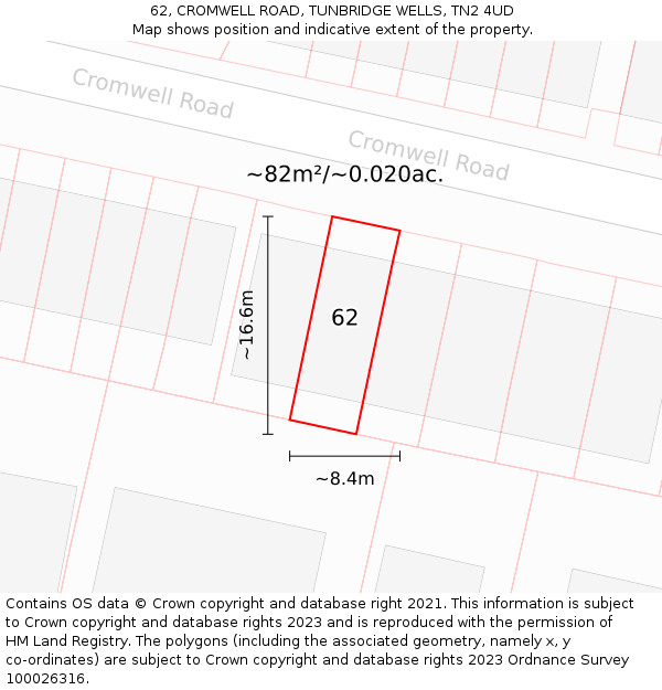 62, CROMWELL ROAD, TUNBRIDGE WELLS, TN2 4UD: Plot and title map