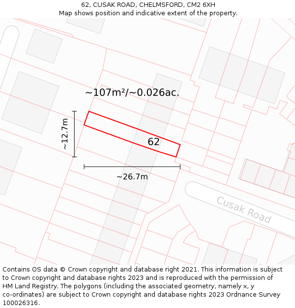 62, CUSAK ROAD, CHELMSFORD, CM2 6XH: Plot and title map