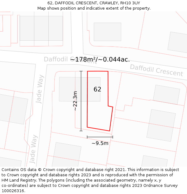 62, DAFFODIL CRESCENT, CRAWLEY, RH10 3UY: Plot and title map