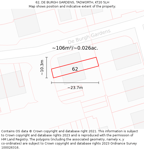 62, DE BURGH GARDENS, TADWORTH, KT20 5LH: Plot and title map