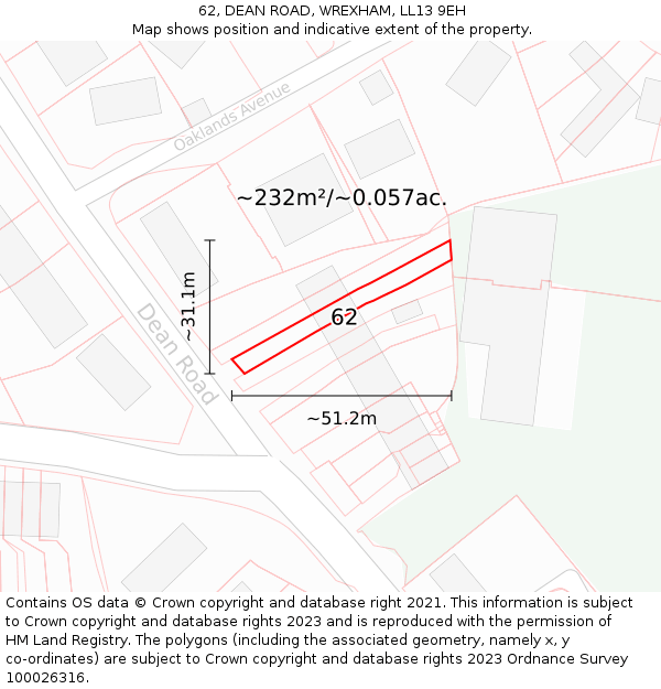 62, DEAN ROAD, WREXHAM, LL13 9EH: Plot and title map