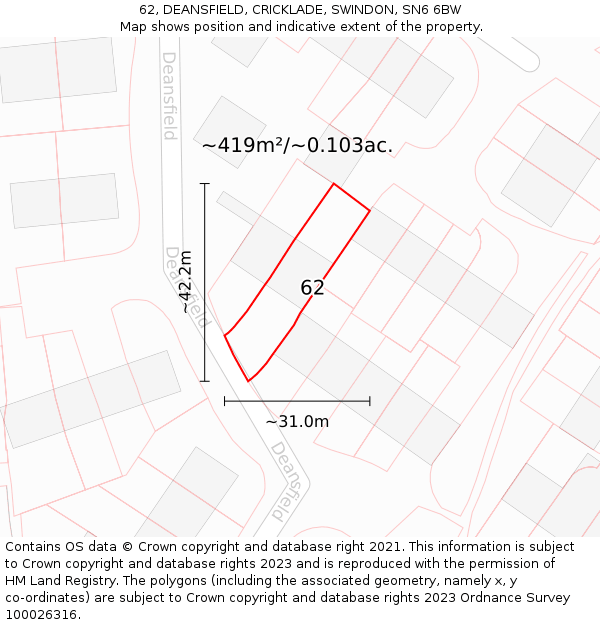 62, DEANSFIELD, CRICKLADE, SWINDON, SN6 6BW: Plot and title map