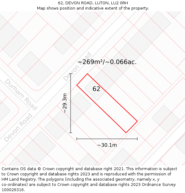 62, DEVON ROAD, LUTON, LU2 0RH: Plot and title map