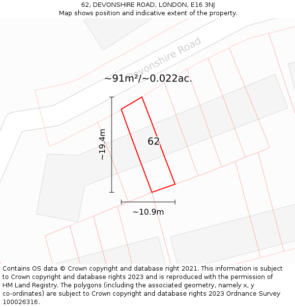62, DEVONSHIRE ROAD, LONDON, E16 3NJ: Plot and title map
