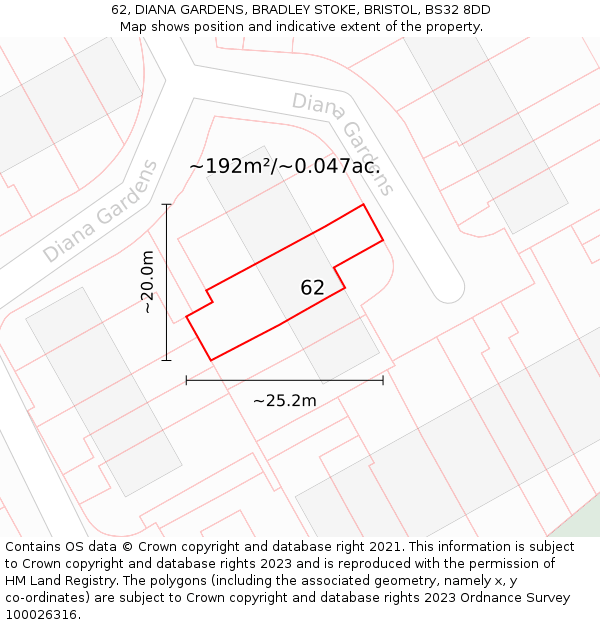 62, DIANA GARDENS, BRADLEY STOKE, BRISTOL, BS32 8DD: Plot and title map