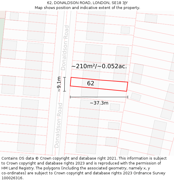 62, DONALDSON ROAD, LONDON, SE18 3JY: Plot and title map