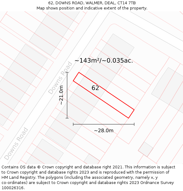 62, DOWNS ROAD, WALMER, DEAL, CT14 7TB: Plot and title map