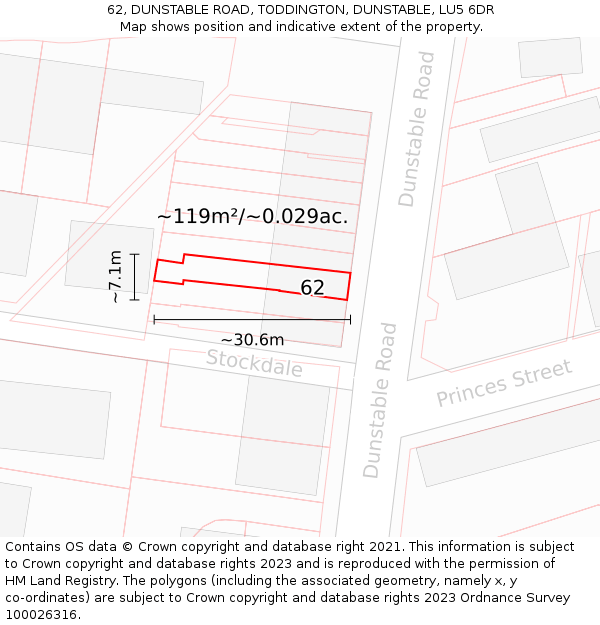 62, DUNSTABLE ROAD, TODDINGTON, DUNSTABLE, LU5 6DR: Plot and title map
