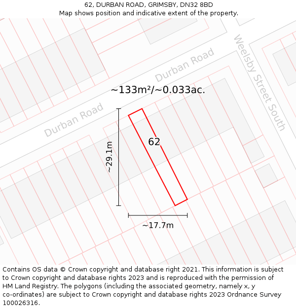 62, DURBAN ROAD, GRIMSBY, DN32 8BD: Plot and title map