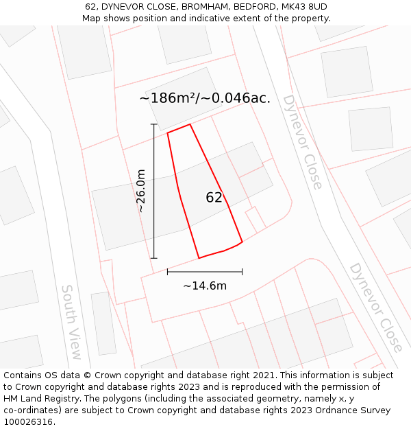 62, DYNEVOR CLOSE, BROMHAM, BEDFORD, MK43 8UD: Plot and title map