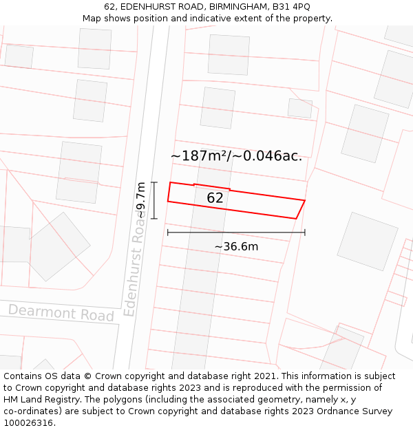 62, EDENHURST ROAD, BIRMINGHAM, B31 4PQ: Plot and title map