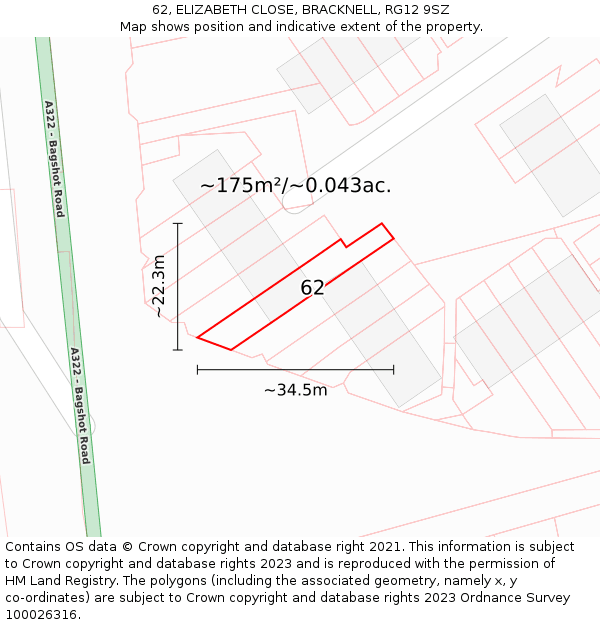 62, ELIZABETH CLOSE, BRACKNELL, RG12 9SZ: Plot and title map