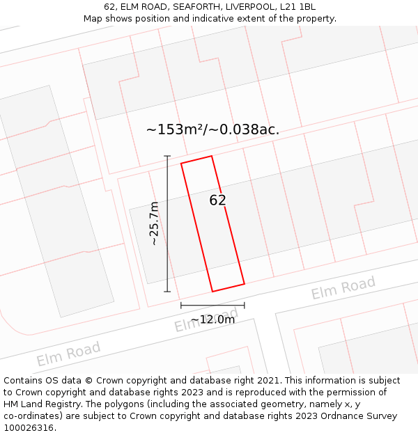 62, ELM ROAD, SEAFORTH, LIVERPOOL, L21 1BL: Plot and title map