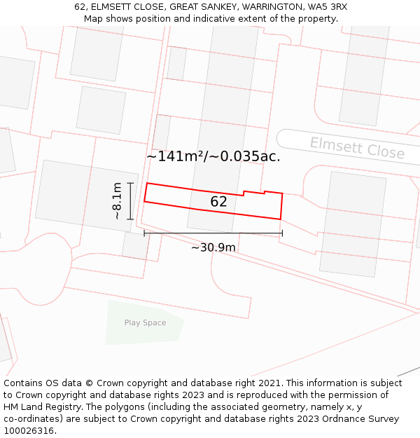 62, ELMSETT CLOSE, GREAT SANKEY, WARRINGTON, WA5 3RX: Plot and title map