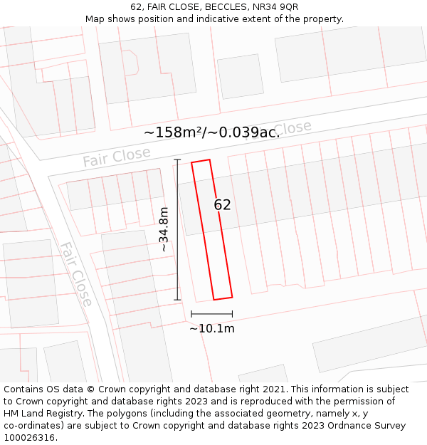 62, FAIR CLOSE, BECCLES, NR34 9QR: Plot and title map
