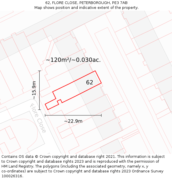 62, FLORE CLOSE, PETERBOROUGH, PE3 7AB: Plot and title map
