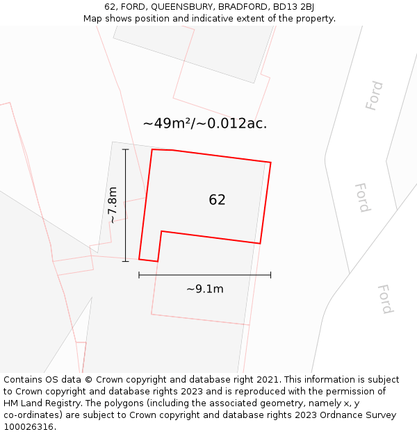 62, FORD, QUEENSBURY, BRADFORD, BD13 2BJ: Plot and title map