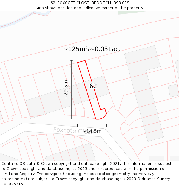 62, FOXCOTE CLOSE, REDDITCH, B98 0PS: Plot and title map