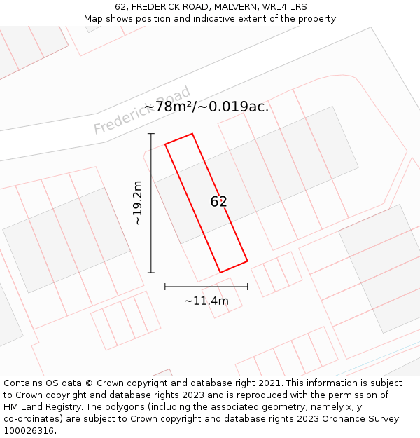 62, FREDERICK ROAD, MALVERN, WR14 1RS: Plot and title map