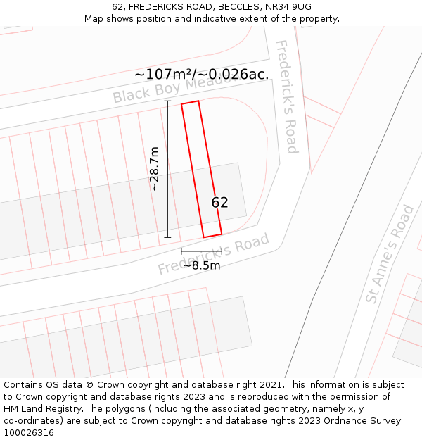 62, FREDERICKS ROAD, BECCLES, NR34 9UG: Plot and title map