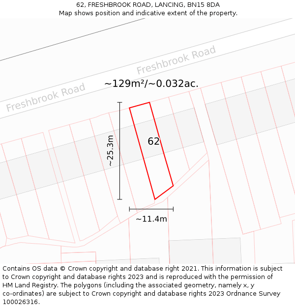 62, FRESHBROOK ROAD, LANCING, BN15 8DA: Plot and title map