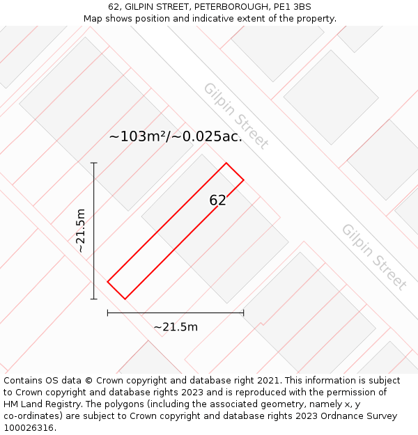 62, GILPIN STREET, PETERBOROUGH, PE1 3BS: Plot and title map