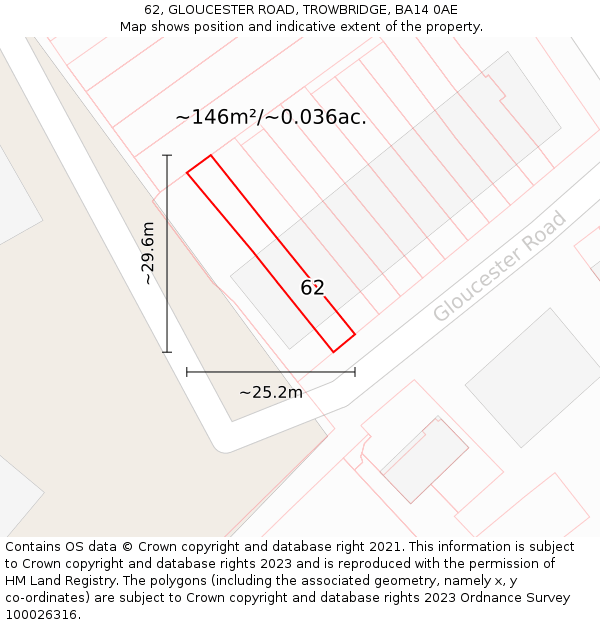 62, GLOUCESTER ROAD, TROWBRIDGE, BA14 0AE: Plot and title map