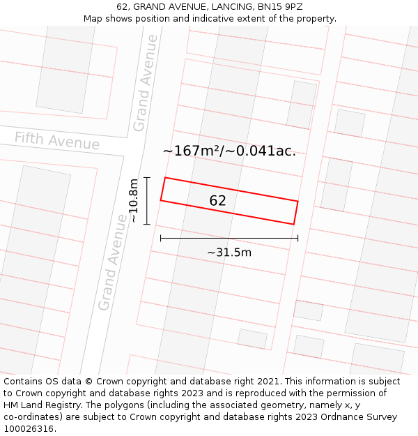 62, GRAND AVENUE, LANCING, BN15 9PZ: Plot and title map