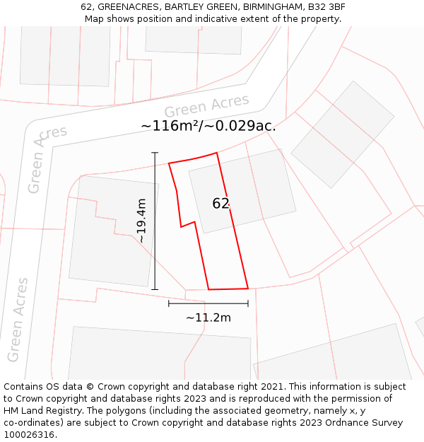 62, GREENACRES, BARTLEY GREEN, BIRMINGHAM, B32 3BF: Plot and title map