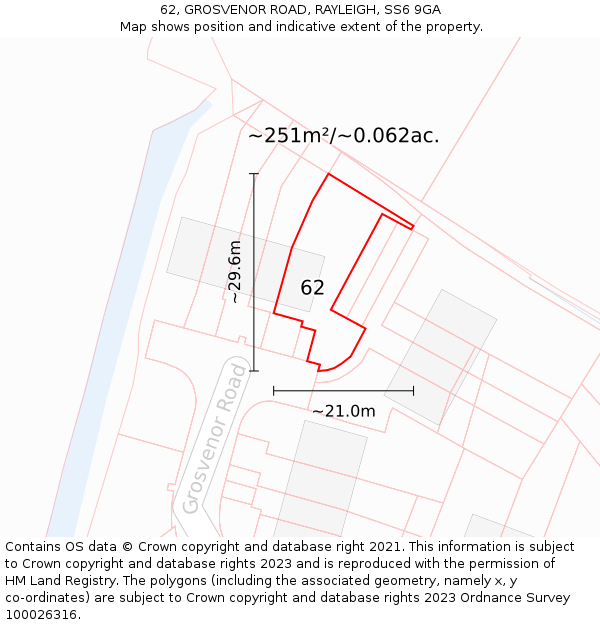 62, GROSVENOR ROAD, RAYLEIGH, SS6 9GA: Plot and title map