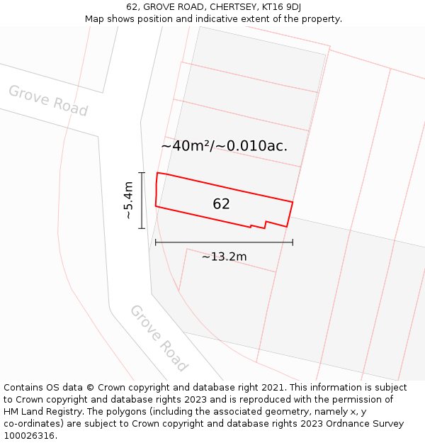 62, GROVE ROAD, CHERTSEY, KT16 9DJ: Plot and title map