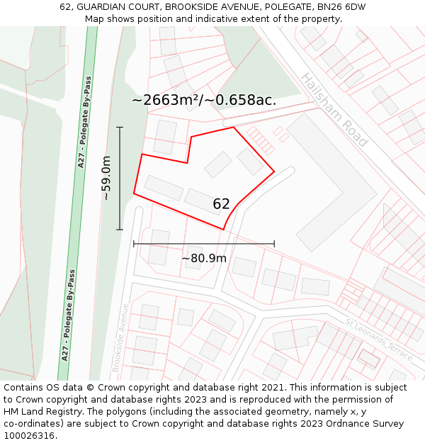 62, GUARDIAN COURT, BROOKSIDE AVENUE, POLEGATE, BN26 6DW: Plot and title map