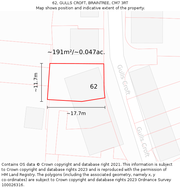 62, GULLS CROFT, BRAINTREE, CM7 3RT: Plot and title map