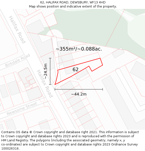 62, HALIFAX ROAD, DEWSBURY, WF13 4HD: Plot and title map