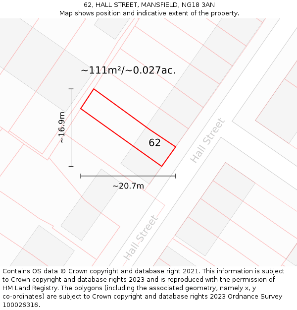 62, HALL STREET, MANSFIELD, NG18 3AN: Plot and title map