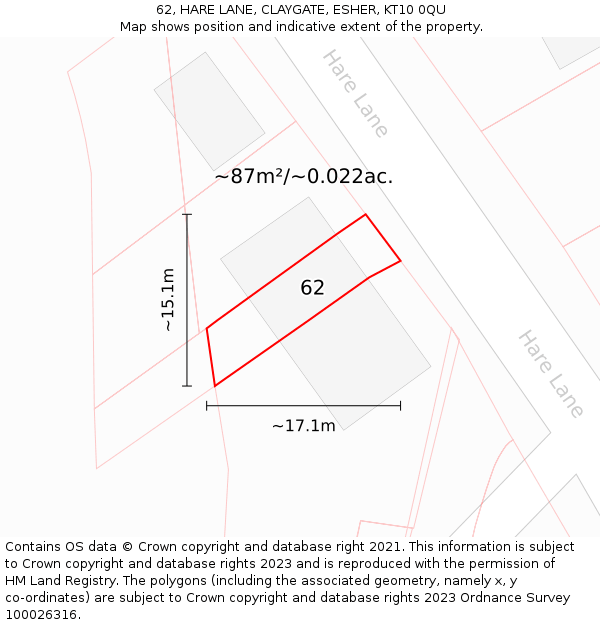 62, HARE LANE, CLAYGATE, ESHER, KT10 0QU: Plot and title map