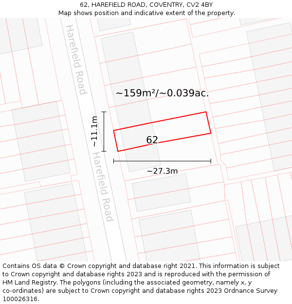 62, HAREFIELD ROAD, COVENTRY, CV2 4BY: Plot and title map