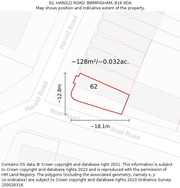 62, HAROLD ROAD, BIRMINGHAM, B16 9DA: Plot and title map