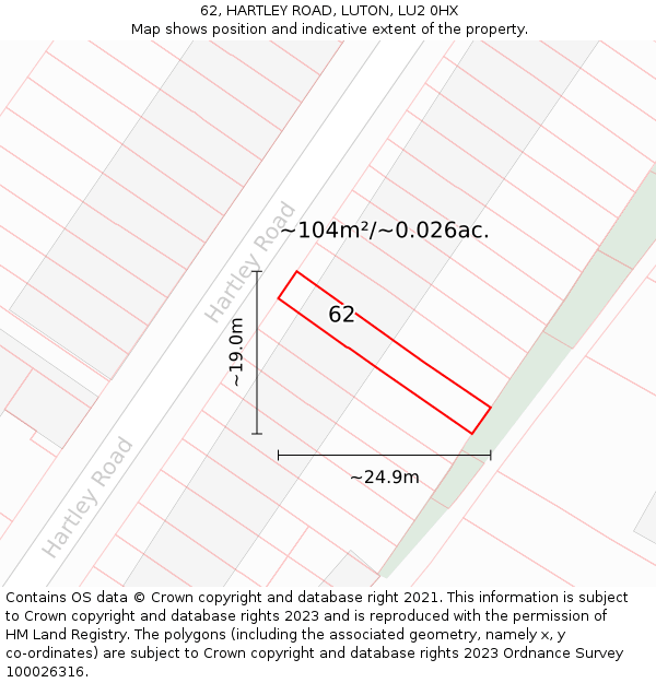 62, HARTLEY ROAD, LUTON, LU2 0HX: Plot and title map