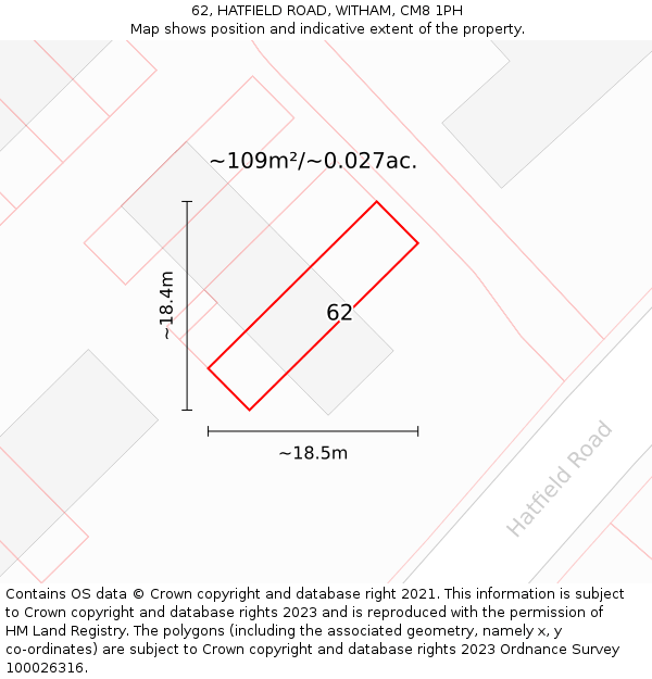 62, HATFIELD ROAD, WITHAM, CM8 1PH: Plot and title map