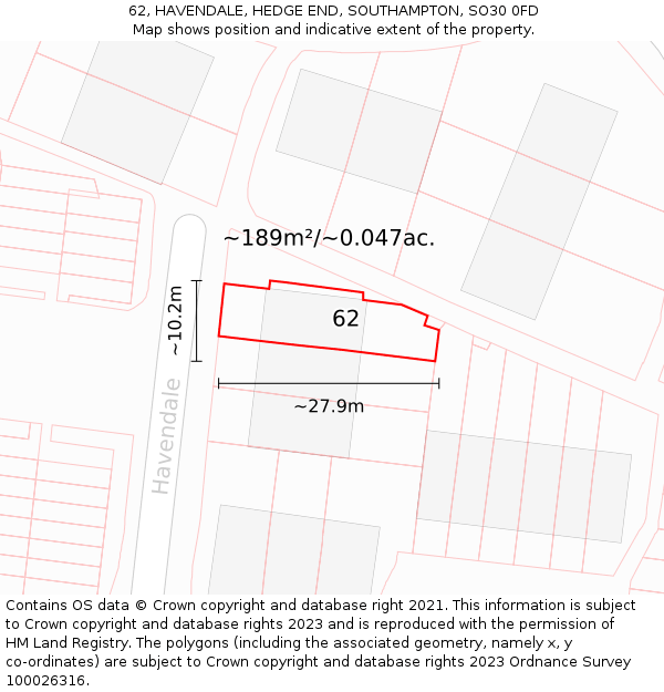 62, HAVENDALE, HEDGE END, SOUTHAMPTON, SO30 0FD: Plot and title map