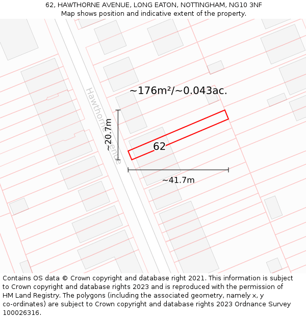 62, HAWTHORNE AVENUE, LONG EATON, NOTTINGHAM, NG10 3NF: Plot and title map