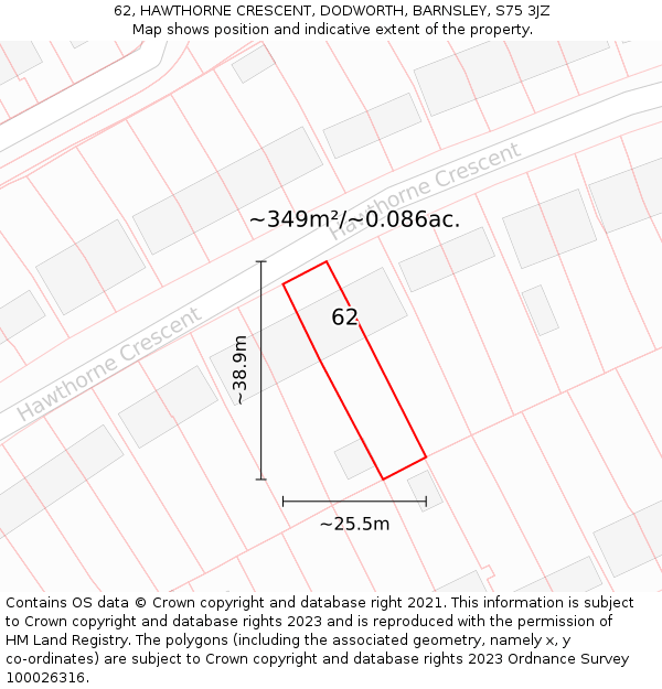 62, HAWTHORNE CRESCENT, DODWORTH, BARNSLEY, S75 3JZ: Plot and title map