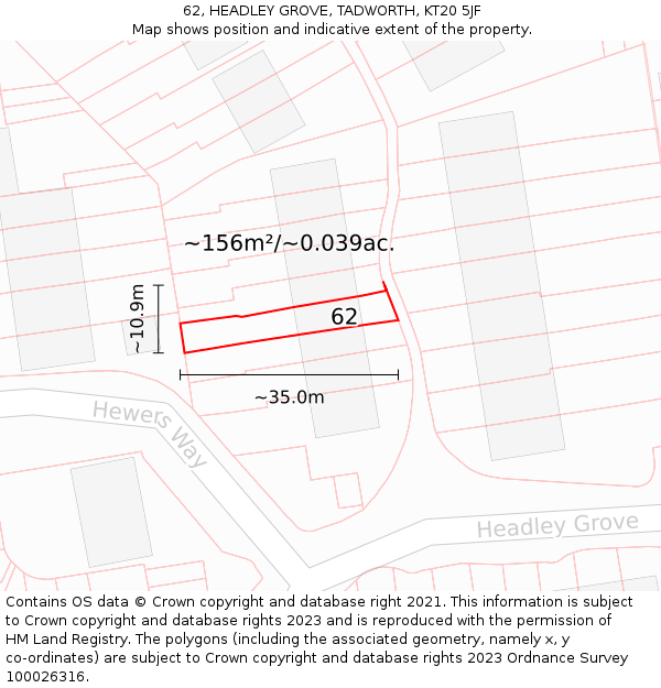 62, HEADLEY GROVE, TADWORTH, KT20 5JF: Plot and title map
